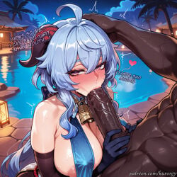 1boy 1girl ahoge ai_generated bare_shoulders bell blue_hair blush breasts dark-skinned_male dark_skin english_text fellatio ganyu_(genshin_impact) genshin_impact gloves goat_horns hetero horns interracial kurorgy large_breasts large_penis long_hair oral penis purple_eyes uncensored veiny_penis