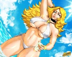 1girls absurd_res artist_name big_lips bikini blonde_hair blue_eyes breasts capcom choker cleavage curvaceous female hi_res kolin_(street_fighter) large_breasts long_hair navel outdoors puffy_lips spunkyramaz street_fighter street_fighter_v swimsuit tagme thick_thighs water white_bikini wide_hips