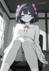 1girl ai_assisted ai_generated beautiful day dress general grayscale grin high_contrast highres indoors looking_at_viewer natsumi_hinata no_nose perfect_anatomy pink_ribbon purple_eyes purple_hair pussy sharp_teeth sitting_on_chair slit_pupils smug socks upskirt_view
