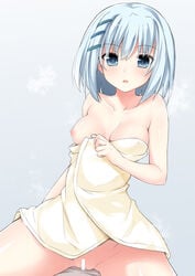 bar_censor blue_eyes blue_hair breasts censor_bar censored cleavage date_a_live female groin hair_ribbon matching_hair/eyes mound_of_venus naked_towel nipples nude oozora_itsuki pussy ribbon short_hair solo tobiichi_origami towel