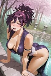 1girl ai_generated blush breasts cherry_blossoms cleavage hair_ornament hi_res high_quality high_resolution japanese_clothes jigokuraku large_breasts looking_at_viewer open_mouth patreon ponytail purple_hair savvyraexo seductive sexy smile solo tree uncensored watermark yuzuriha_(jigokuraku)