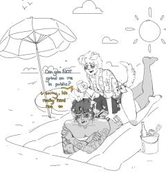 beach dog_ears dog_tail dogboy gay grinding grinding_on_ass lotion speedo sunscreen tattoos yaoi