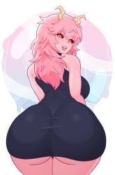 1girls 2hot! ass ass_focus ass_in_dress back back_view backboob big_ass big_breasts black_dress black_sclera breasts bubble_ass bubble_butt clothing curvy curvy_figure dress female female_only hair horns huge_ass long_hair looking_back mina_ashido mina_ashido_time-skip my_hero_academia pink_body pink_hair pink_skin post-timeskip smile solo solo_female thick_thighs thighs yellow_eyes