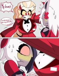blush blushing boobs bowtie breasts charlie_morningstar_(hazbin_hotel) hazbin_hotel hearts hearts_around_head hellaverse long_hair red_clothing red_eyes tagme the_titan_draw tits vaggi_(hazbin_hotel) vaggie_(hazbin_hotel) very_long_hair white_clothing white_hair