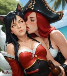 2girls ahri ahri_(league_of_legends) ai_generated alcohol_bottle bare_arms blue_eyes blush closed_mouth clothed drunk holding_bottle horny league_of_legends licking_another's_cheek long_hair looking_to_the_side miss_fortune outdoors pirate pirate_hat red_hair saliva tongue_out upper_body