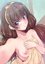 1girls :t amanogawa_kirara blush breast_slip breasts brown_hair coupe50 covering female frown go!_princess_precure hair_ribbon long_hair looking_at_viewer low_twintails medium_breasts nipple_slip nipples one_breast_out pout precure pretty_cure purple_eyes ribbon self_shot small_breasts solo tied_hair towel twintails wardrobe_malfunction yellow_ribbon