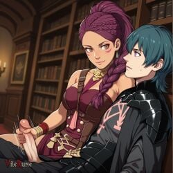 1boy 1girl ai_generated assertive_female braided_ponytail brown_eyes byleth_(fire_emblem) byleth_(fire_emblem)_(male) facial_mark fire_emblem:_three_houses handjob hetero high_ponytail library looking_at_another motion_blur motion_lines penis penis_out petra_macneary purple_hair sitting uncensored