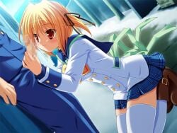 1boy 1girl against_wall back_bow blonde_hair blue_jacket blue_pants blue_sailor_collar blue_shirt blue_skirt boots bow bowtie brown_boots brown_eyes buttons censored closed_mouth clover_point day double-breasted dutch_angle erection from_side game_asset green_bow hair_ribbon imminent_fellatio jacket light_smile long_hair mosaic_censoring non-web_source official_art outdoors pants penis plaid_clothes plaid_skirt ribbon sailor_collar school_uniform shirt short_hair short_twintails skirt snow squatting standing takanashi_yaya thighhighs turtleneck twintails white_jacket white_thighhighs yellow_bow yellow_bowtie yuyi