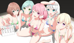 16:9 16:9_aspect_ratio 5girls absurd_res adjusting_hair all_fours aqua_bikini aqua_bikini_bottom aqua_bikini_top aqua_hair arm_behind_back arm_on_head arm_support arm_up ass bang_dream! bang_dream!_girls_band_party! bare_shoulders barefoot belly bikini blonde_hair blue_eyes board braids breasts brown_hair closed_mouth collarbone colored_condom condom condom_belt condoms covered_nipples cum cum_in_condom double-parted_bangs double_v ears eyebrows_visible_through_hair female female_focus female_only from_above gradient_background green_bikini green_bikini_bottom green_bikini_top green_eyes grey_background groin hair_bow half_updo hand_on_floor hand_on_hair hand_on_head hands_on_floor japanese_text kneeling landscape long_hair looking_at_viewer lower_teeth medium_breasts medium_hair micro_bikini micro_bikini_bottom micro_bikini_top multiple_condoms multiple_girls navel one_eye_closed open_mouth pastel_palettes_(bang_dream!) photoshop pink_bikini pink_bikini_bottom pink_bikini_top pink_eyes pink_hair pointing purple_bikini purple_bikini_bottom purple_bikini_top purple_eyes sagging_breasts shadow short_hair side_braid simple_background sitting sitting_on_stage smile stage stage_lights straight_hair string_bikini string_bikini_bottom string_bikini_top swept_bangs tally tally_marks teeth thighs third-party_edit thong_bikini thong_bikini_bottom tied_hair twin_braids twintails upper_teeth used_condom used_condom_in_clothes used_condoms v_sign wariza white_board white_hair whiton44 wink winking winking_at_viewer wispy_bangs yellow_bikini yellow_bikini_bottom yellow_bikini_top