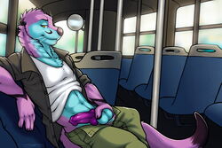 balls blue_fur boner bus captainotter clothing erection fur jacket knot looking_at_viewer male male_only mammal mirror mustelid otter pink_fur presenting public_transportation shirt solo tank_top tsaiwolf