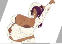 arms_up big_areola big_breasts bleach breasts breasts_bigger_than_head dark-skinned_female dark_skin female female_focus female_only gigantic_breasts huge_breasts long_hair nccyumico on_bed peeking_out pijama pregnant pregnant_belly pregnant_female purple_hair revealing_clothes shihouin_yoruichi simple_background solo solo_female solo_focus streching stretched_clothing stretching top_heavy unfinished white_background wip yellow_eyes yoruichi_shihouin