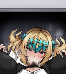 1boy 1girl absurdres blonde_hair blue_crown censored clothed_sex crown fate/grand_order fate_(series) fellatio fujimaru_ritsuka_(male) highres large_penis mosaic_censoring oral owner1657 penis pollux_(fate) pubic_hair veins veiny_penis