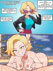 1boy 1boy1girl 1girls 2koma amphibia anime_one_night_stands bed bedroom blonde_hair blue_eyes boobjob comic cum_on_breasts cum_on_face cumming dialogue dirty_talk dywtba-alt-universe encouragement erect_nipples femdom holding_breasts juto_arigato leather_jacket looking_over_sunglasses medium_breasts paizuri pale_skin sasha_waybright shaking_ass short_hair smug sunglasses sweat