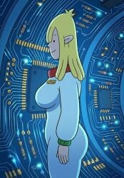 1girls accurate_art_style ai_generated big_breasts blonde_hair bodysuit clothed clothed_female curvy_figure disney disney_channel female female_only hair_over_one_eye looking_at_viewer nicky_anais_little pepper_ann smile smiling solo toon_disney yellow_hair