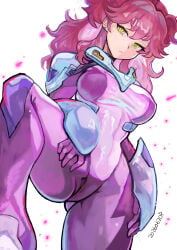 1girl absurdres bad_haro bodysuit breasts closed_mouth commentary_request dated earrings female_villain freckles freckles_on_face from_below frown ginger ginger_female ginger_hair gloves gluteal_fold green_eyes groin gundam gundam_00 hair_between_eyes highres jewelry large_breasts legs_apart legs_spread long_hair looking_at_viewer mecha_pilot_suit multicolored_bodysuit nena_trinity okrdisk2000 pink_bodysuit pink_gloves purple_bodysuit red_hair sidelocks simple_background skin_tight solo spread_legs standing taut_bodysuit taut_clothes two-tone_bodysuit two_side_up villainess white_background yellow_eyes