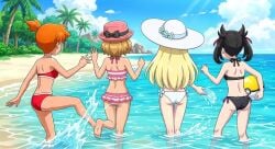 ai_generated beach bikini lillie_(pokemon) marnie_(pokemon) misty_(pokemon) playful pokemon serena_(pokemon) water