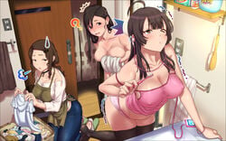 3girls ahoge apron bangs black_hair black_legwear blunt_bangs blush breast_hold breasts brown_eyes brown_hair brushing_teeth cellphone cleavage collarbone embarrassed erect_nipples eyebrows highres kezune_(i-_-i) kneeling large_breasts long_hair mother_and_daughter multiple_girls naked_towel one_eye_closed open_mouth original panties phone siblings sisters sitting smartphone sweatdrop thighhighs toothbrush towel underwear