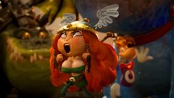 1boy 1girls barbara_(rayman) barbarian big_breasts breasts cleavage edit female freckles huge_breasts missing_tooth official_art official_artwork_edit rayman rayman_(series) rayman_legends red_hair tubetop ubisoft