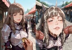 after_fellatio ai_generated armor armored_female before_and_after bukkake coin cum cum_on_clothes cum_on_eye cum_on_face cum_on_hair cumdrip curly_hair facial fire_emblem_awakening gold_coin light_smile one_eye_closed parted_lips penis prostitution public public_indecency sumia_(fire_emblem) thick_cum