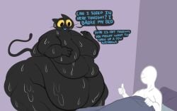 anon anonymous_male back_fat bed big_belly big_breasts black_body black_cat black_fur blanket blue_tongue cat chubby_arms claws dialogue eyelashes fat fat_female fat_folds furry huge_ass huge_thighs naked_female naked_male navel obese obese_female oc overweight overweight_female pillow smokii sweating_profusely sweaty sweaty_body tail thicc thumbs_up whiskers yellow_eyes