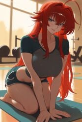 1girl ahoge ai_generated bangs barefoot blurry blurry_background breasts eyebrows_visible_through_hair green_eyes hair_between_eyes hi_res high_quality high_resolution high_school_dxd indoors large_breasts long_hair looking_at_viewer patreon red_hair rias_gremory seductive sexy shirt short_shorts short_sleeves shorts sidelocks smile solo t-shirt uncensored watermark