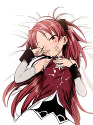 1girls bitibiti blush cum cum_on_body detached_sleeves facial female female_only long_hair looking_at_viewer lying magical_girl mahou_shoujo_madoka_magica one_eye_closed ponytail red_eyes red_hair sakura_kyouko solo tied_hair