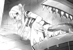 1girl anal anus ass commentary elf frieren greyscale highres jewelry long_hair long_tongue mimic mimic_chest momdadno monochrome monster parted_bangs petite pointy_ears pussy sharp_teeth shirt sousou_no_frieren striped_clothes striped_shirt teeth tongue twintails
