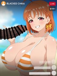 1boy 1girl absurdres ahoge alternate_breast_size_(larger) armpit_crease bar_censor beach bikini blacked_(phrase) blacked_female blue_sky blurry blurry_background blush bow breasts censored collarbone commentary_request dark-skinned_male dark_skin day erection eyelashes hair_bow hand_up hetero highres huge_breasts interracial large_penis large_variant_set livestream looking_at_viewer love_live! love_live!_sunshine!! medium_hair micro_bikini migikoba orange_bikini orange_hair outdoors paid_reward_available penis pink_eyes pornography_production race_fetishism sky smile striped_bikini striped_clothes swimsuit takami_chika upper_body variant_set very_dark_skin yellow_background