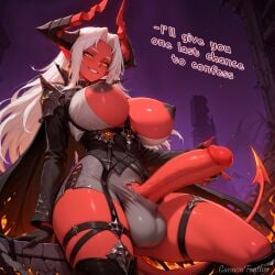 1futa ai_generated balls_under_clothes big_balls big_breasts big_penis dark_nipples demon_girl demon_horns demon_tail dialogue duet_night_abyss earrings exposed_breasts exposed_penis futadom futanari grin hellfire_(duet_night_abyss) jacket long_hair long_nails monster_girl mostly_clothed pointless_censoring pointy_ears precum_drip red_skin smiling_at_viewer thigh_strap torn_clothing white_hair yellow_eyes