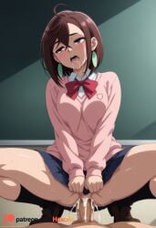 1boy 1girl ahoge ai_generated artist_name ayase_momo blue_skirt blush bow bowtie breasts brown_hair cardigan clothed_female_nude_male clothed_sex collared_shirt colored_inner_hair cum cum_in_pussy dandadan earrings girl_on_top glasses hetero hexogen jewelry large_breasts long_sleeves momo_ayase mosaic_censoring multicolored_hair open_mouth over-rim_eyewear patreon_username penis pink_sweater pleated_skirt pov red_bow red_bowtie school_uniform sex shirt short_hair skirt socks solo_focus spread_legs squatting straddling sweat sweater teeth two-tone_hair vaginal