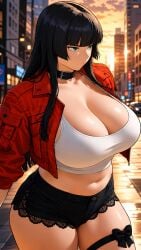 ai_generated bangs big_breasts black_hair breasts bvby363 cleavage green_eyes long_hair miniskirt nameless_character navel original original_character random_(bvby363) red_jacket tank_top