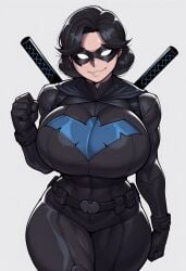 1girl ai_generated batman_(series) baton_(weapon) big_breasts black_hair nightwing rule_63 solo