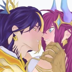 1boy 1boy1girl 1girls arlott_(mobile_legends) big_breasts blue_eyes blush blushing dragon_girl hands_on_shoulders heavy_breathing kissing long_hair mobile_legends mobile_legends:_bang_bang novaria_(mobile_legends) pink_hair sweat