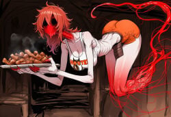 1girls ai_generated breasts claws clothed clothes clothing emaciated female food fused_legs ghost ghost_girl hollow_eyes hooters hooters_uniform horror horror_(theme) large_breasts long_fingers medium_hair monster_girl original original_character paigen pieta_(paigen) pouch red_hair red_skin ribs sharp_nails shirt shorts skinny undead white_skin