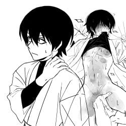 2boys anal_fingering bite_mark bite_marks blush bottomless fingering fingering_partner gay gintama kimono male male_only monochrome sheet_grab shirt_in_mouth shirt_lift shirt_up solo_focus sweat twink yamazaki_sagaru yaoi