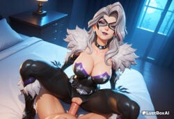 1boy 1boy1girl 1girls ai_generated artist_name bed black_bodysuit black_cat_(marvel_rivals) black_footwear bodysuit boots breasts choker cleavage clothed_female_nude_male collarbone cowgirl_position domino_mask earrings female fur_trim gloves green_eyes grey_hair hetero hi_res indoors jewelry large_breasts long_hair looking_at_viewer lustboxai marvel marvel_comics marvel_rivals mask moon night nude penis pov pussy sex smile spread_legs torn_clothes uncensored vaginal vaginal_penetration vaginal_sex window