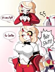 belly belly_button blush blushing boobs bowtie breasts charlie_morningstar_(hazbin_hotel) grey_body hazbin_hotel hellaverse huge_breasts red_clothing red_eyes tagme the_titan_draw tits vaggi_(hazbin_hotel) vaggie_(hazbin_hotel) white_body white_clothing
