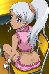 1girls ai_generated bakugan butt_crack classroom clothing desk fingerless_gloves from_above from_behind julie_makimoto pants_down pinku.ai ponytail shorts sitting small_butt unaware wardrobe_malfunction white_hair
