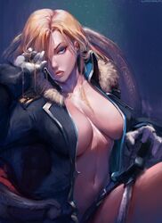 1girls belly blonde_hair blue_eyes breasts cleavage clothed cutesexyrobutts dick_sucking_lips eyelashes female female_only fullmetal_alchemist gloves hair_over_one_eye half-closed_eyes highres huge_breasts human large_breasts long_hair looking_at_viewer navel no_bra olivier_mira_armstrong open_clothes solo text watermark