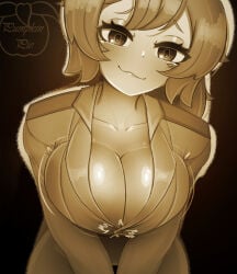 1girl 2026 :3 big_breasts cleavage fanart female general_commander_(xenofeels) military_uniform monochrome pumpkin_pie solo xenofeels