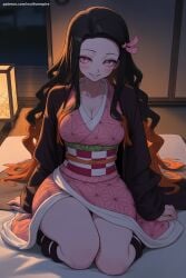 1girl ai_generated black_hair breasts brown_hair cleavage collarbone forehead gradient_hair hair_ribbon haori hi_res high_quality high_resolution indoors japanese_clothes kamado_nezuko kimetsu_no_yaiba kimono long_hair long_sleeves looking_at_viewer medium_breasts multicolored_hair obi older patreon pink_eyes pink_kimono pink_ribbon ribbon sash seductive sexy sitting smile solo uncensored very_long_hair watermark