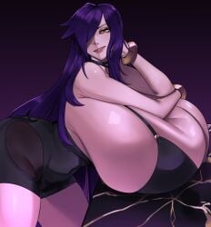 bent_over bracelet breast_rest female female_only gigantic_breasts hair_over_one_eye hyper_breasts lady_m_(strongmoist) long_hair looking_at_viewer massive_breasts purple_hair smile strongmoist thick_thighs yellow_eyes
