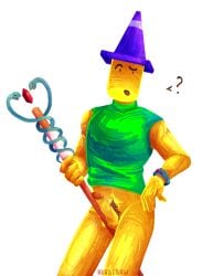 between_legs bracelet erection hat holding_staff male noob nude penis roblox robloxian self_upload shirt sleeveless_shirt solo staff surprised tagme tagme_(artist) traffic_cone