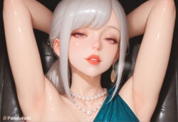 1boy 1femboy absurd_res ai_generated armpits arms_behind_head arms_up artist_name artist_upload bead_necklace blue_dress crossdressing dress earrings evening_gown femboy femboy_focus feminine_male gay grey_hair hi_res jewelry lips long_hair looking_at_viewer more_at_source necklace official_alternate_costume pandora parted_lips patreon patreon_logo patreon_username pearl_necklace pink_eyes ponytail self_upload sidelocks solo sweat transgender uncensored watermark white_hair