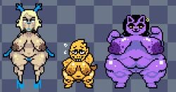 3girls alphys areolae barefoot big_breasts blush breasts carol_holiday catty_(undertale) completely_nude completely_nude_female confident deltarune eyewear female female_only full_body glasses kazzartdraw mob_face naked naked_female nipples nude nude_female pixel_art purple_body smile undertale