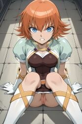 1girls ai_generated angry bakugan cleft_of_venus clothing flashing_pussy innie_pussy knees mira_fermin no_panties on_bottom on_the_floor pants_down pinku.ai pulling_clothing pussy_peek short_hair shorts sitting vagina white_gloves