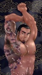 1boy after_orgasm ambiguous_fluids armpit_hair armpits arms_up bara beard_stubble beefy biceps big_areola black_background black_eyes black_hair breasts buzz_cut carp_tattoo crescent_moon cum cum_drip cum_in_mouth cum_on_body cum_on_breasts cum_on_face cum_on_self cum_on_upper_body cum_splatter cum_string dull_eyes gay half-closed_eyes happy_trail hi_res hunk implied_fellatio implied_oral implied_sex irezumi kekkaishi looking_at_viewer male male_breasts male_only manly masamori_sumimura mature_male moobs moon_(marking) muscles muscular muscular_arms muscular_male navel no_visible_genitalia pecs raised_arm scar scar_on_forehead semen short_hair sideburns solo standing steam stretching suggestive tattoo tattoo_on_chest tattooed_arm tough_guy tsukasa_mat yakuza_tattoo yaoi