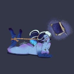 1female blue_body blue_skin bondage cookie_run cookie_run_kingdom fount_of_knowledge galaxy_hair galaxy_skin hogtie implied_nudity listikchaya lying_on_stomach nude nude_female pointy_ears rope rule63 shadow_milk_cookie shibari starry_hair