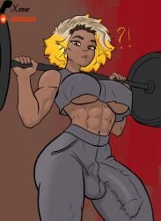 abs blonde_hair bulge bulge_through_clothing crop_top futanari looking_at_viewer looking_down muscular_female nipple_bulge rell_(league_of_legends) sportswear tan_body tan_skin xamne yellow_eyes