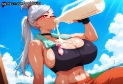 1girl abs absurd_res ai_generated ayase_seiko black_choker bokeh_background bottle cleavage cum_in_bottle cum_on_breast curvy dandadan drinking drinking_from_bottle explicit face_focus gaddariat glasses grandparent huge_breasts long_hair mature_female messy milf multiple_used_condoms nipples nsfw patreon seiko_ayase sideboob silver_hair slim_waist solo sports_bra steaming_body toned toned_female towel_on_neck track_pants underboob used_condom very_sweaty wristband